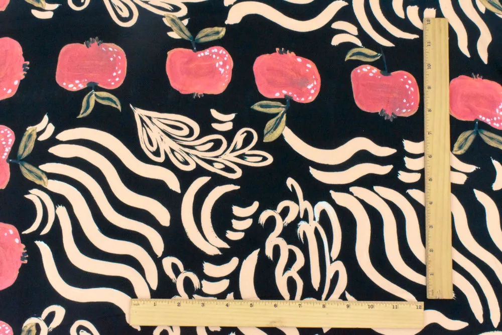 Black-Multi Famous Designer Apple Printed Viscose Crepe Faille Fabric