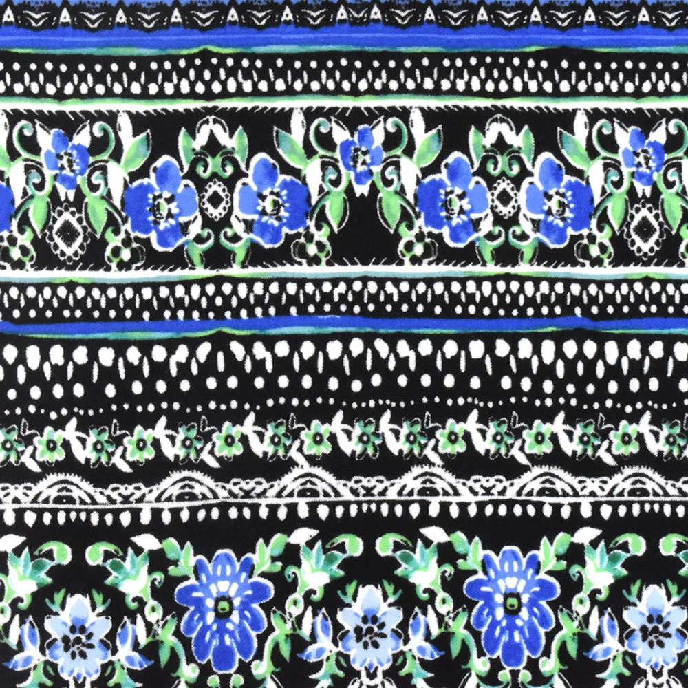 Blue-Green-Multi Stripe Floral Printed Rayon Challis Woven Fabric