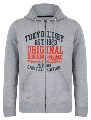 Claude Graphic Motif Brushback Fleece Zip Through Hoodie in Light Grey Marl - Tokyo Laundry