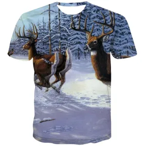 Deer T-shirt Men Animal Shirt Print Snow T-shirts 3d Tree T shirts Funny