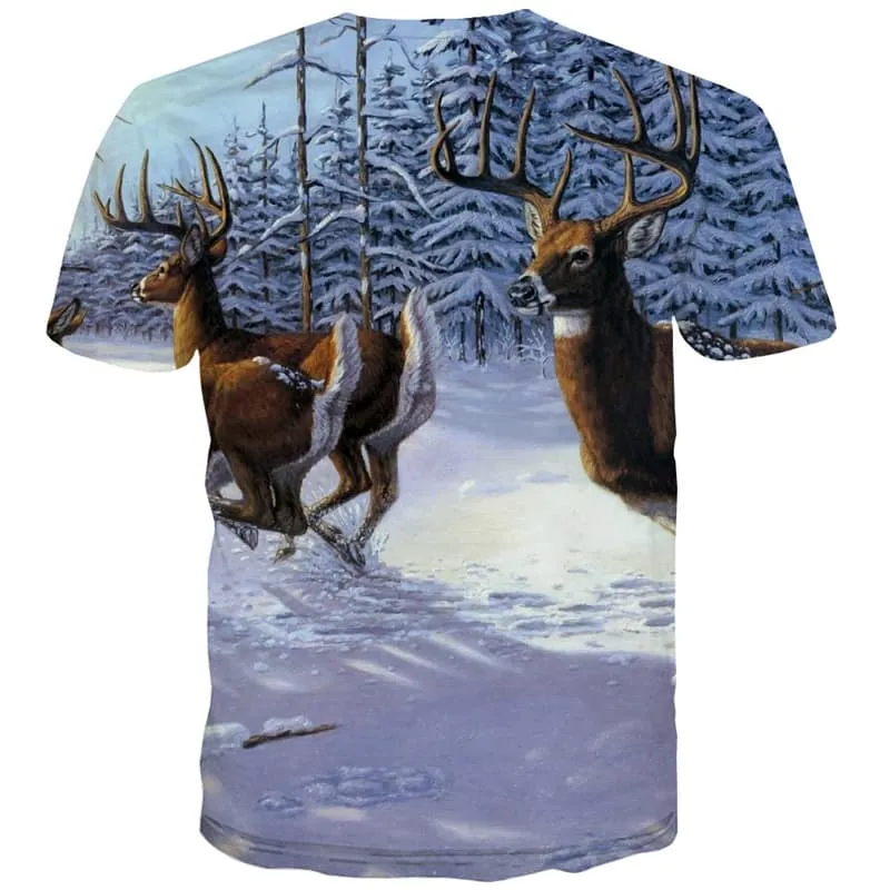 Deer T-shirt Men Animal Shirt Print Snow T-shirts 3d Tree T shirts Funny