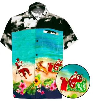 LA LEELA Men's Casual Beach hawaiian Shirt Aloha Christmas Santa front Pocket Short sleeve Black_W585