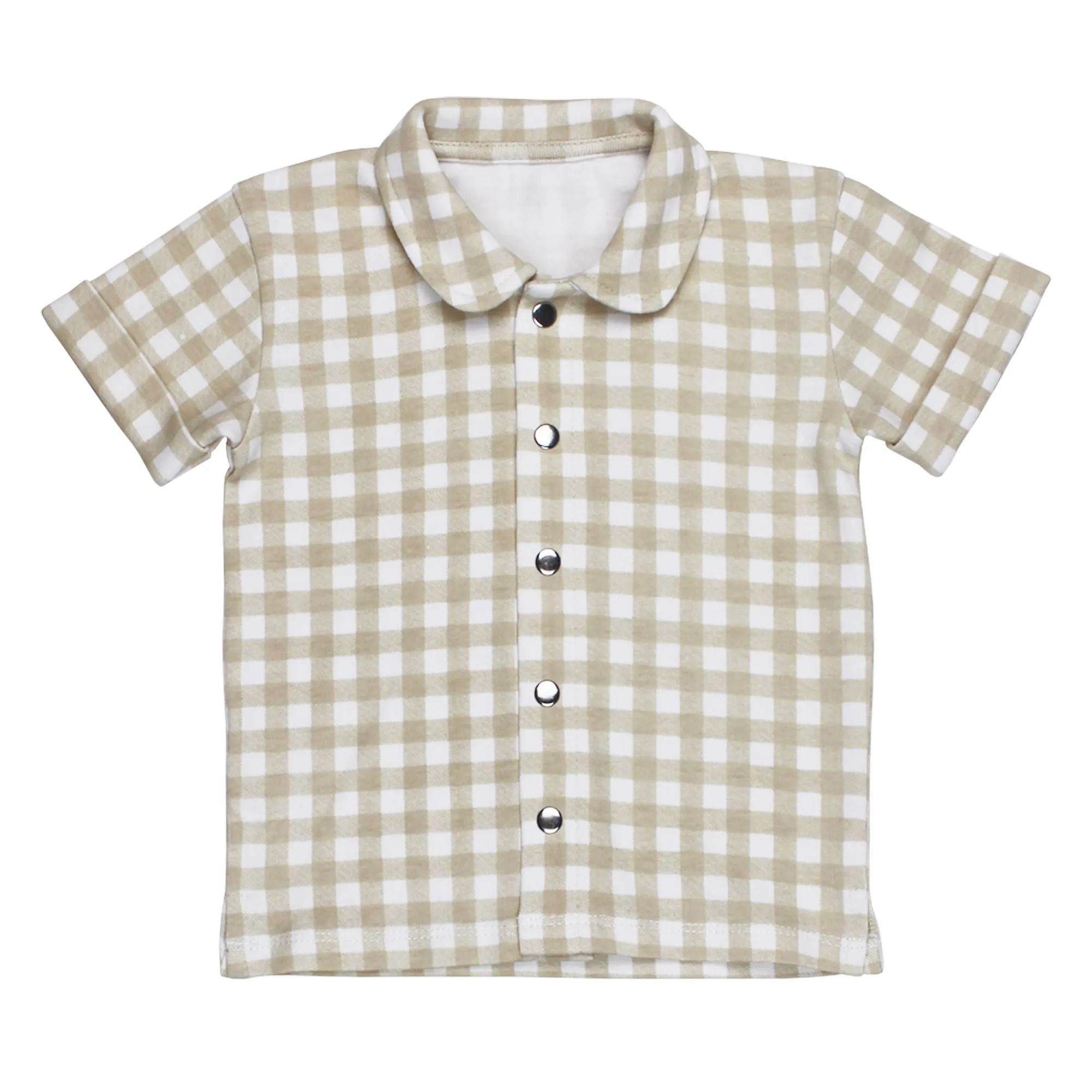 Printed Button-Up Shirt - Stone Gingham