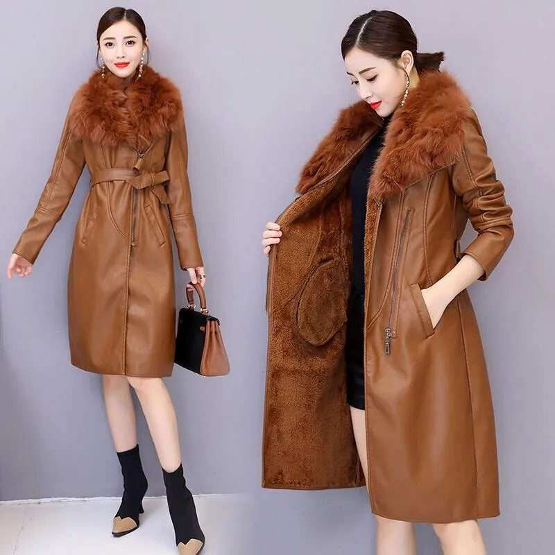 Wenkouban Women's Leather Jacket For Winter 2022 New Plus Velvet Warm Slim Big Fur Collar Long Leather Coat Female Outerwear Winter Coats