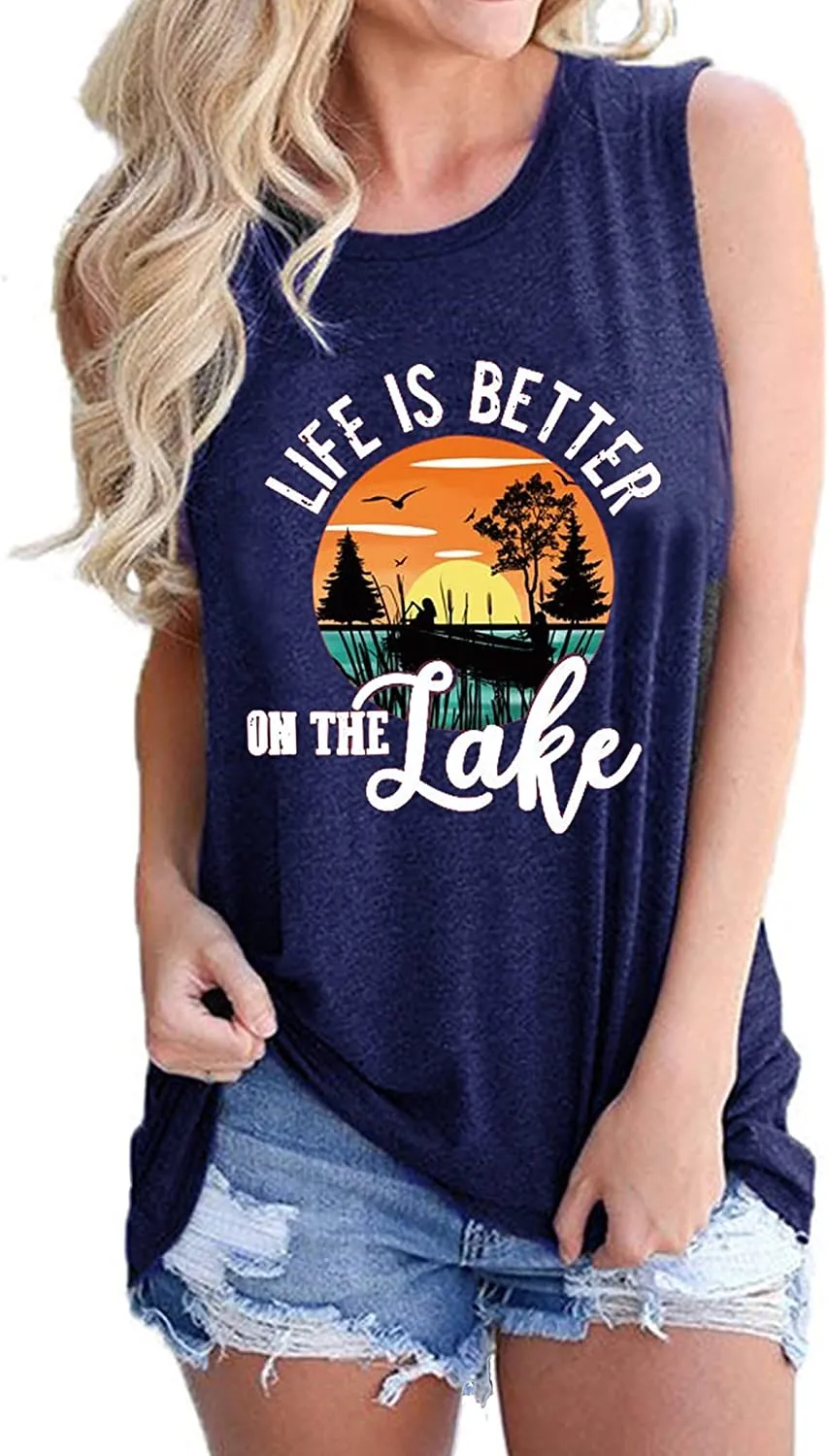 Women Life is Better On The Lake Sleeveless Shirt Lake Life Tank Top for Women