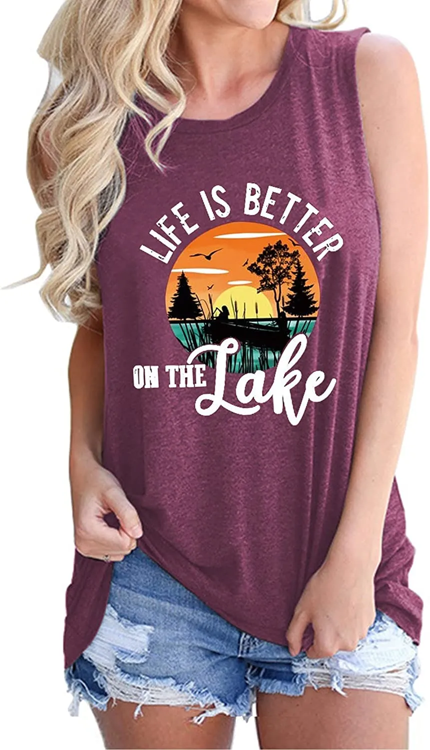 Women Life is Better On The Lake Sleeveless Shirt Lake Life Tank Top for Women