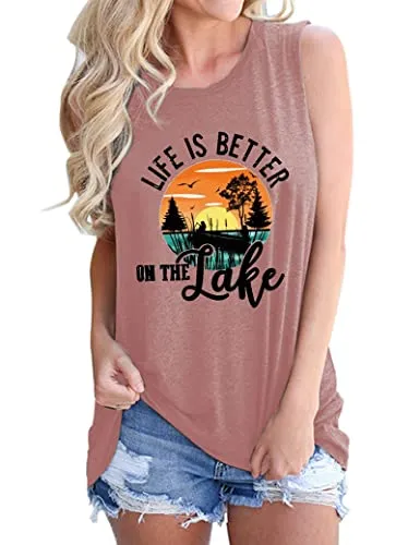 Women Life is Better On The Lake Sleeveless Shirt Lake Life Tank Top for Women