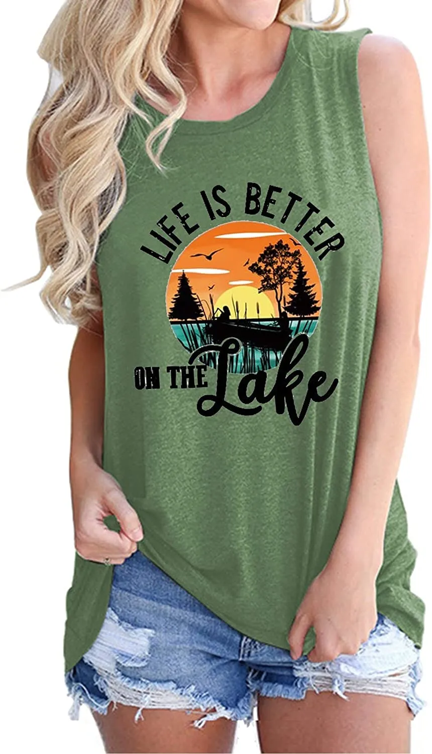 Women Life is Better On The Lake Sleeveless Shirt Lake Life Tank Top for Women